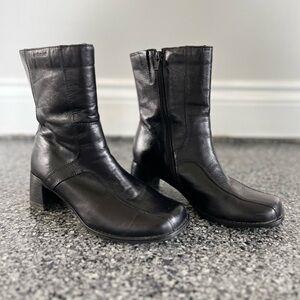 Mid Calf / High Ankle Square Toe Black Heeled Leather Boots